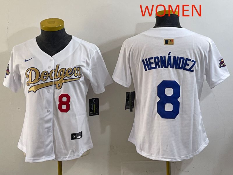 Women Los Angeles Dodgers 8 Hernandez White Champion edition Nike MLB Jersey style 003